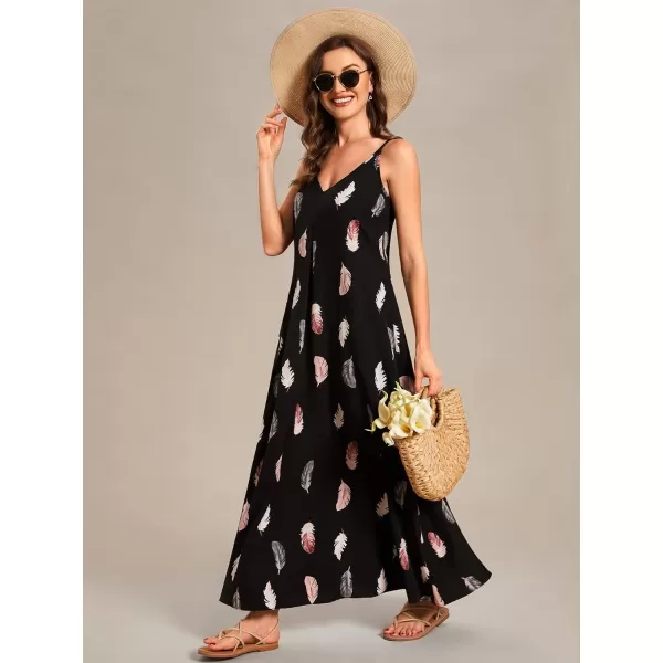 EverPretty Womens Spaghetti Straps Loose Summer Beach Vacation Maxi Dress 01828Black Printed