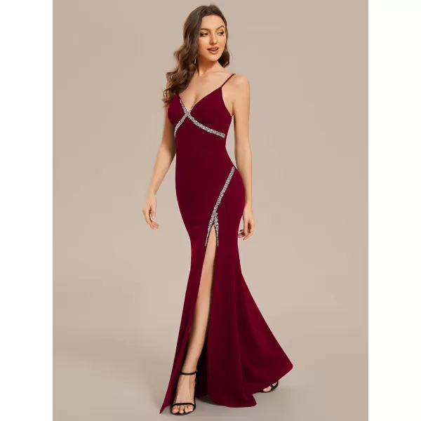 EverPretty Womens Spaghetti Straps V Neck Beaded Mermaid Evening Dresses 02012Burgundy