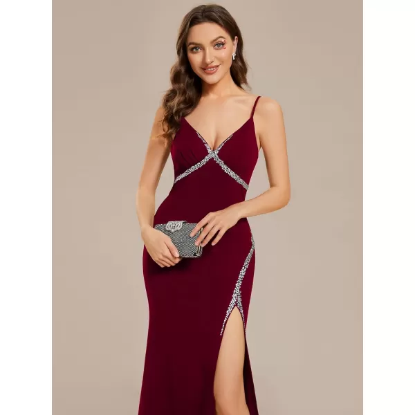 EverPretty Womens Spaghetti Straps V Neck Beaded Mermaid Evening Dresses 02012Burgundy