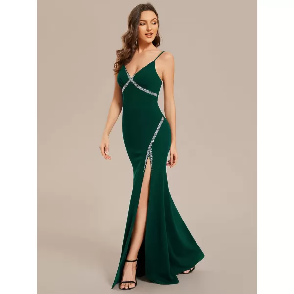 EverPretty Womens Spaghetti Straps V Neck Beaded Mermaid Evening Dresses 02012Dark Green