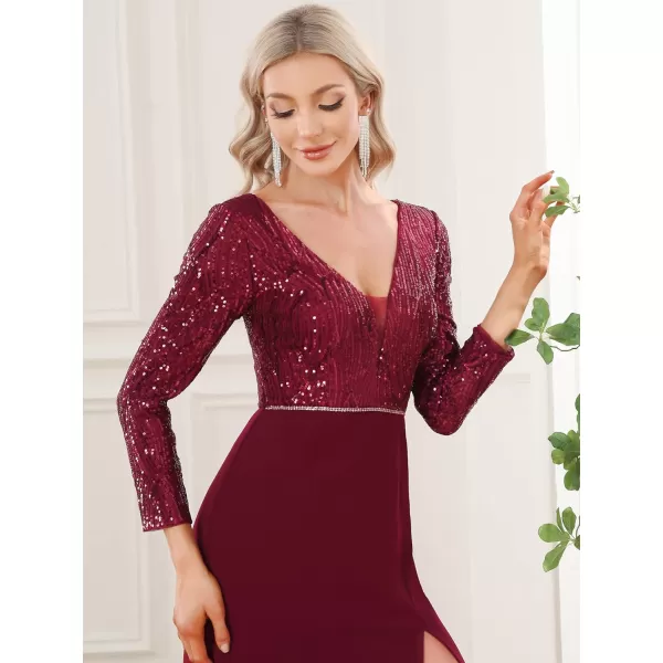 EverPretty Womens Sparkle Deep VNeck Long Sleeves Side Slit Sequin Floor Length Formal Dresses 01507Burgundy