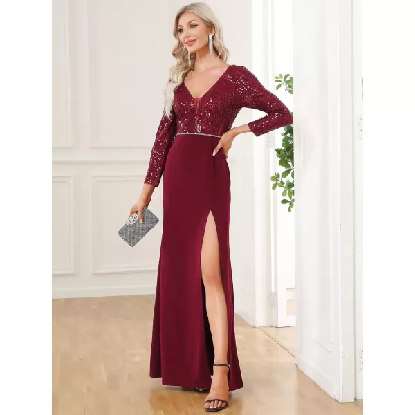 EverPretty Womens Sparkle Deep VNeck Long Sleeves Side Slit Sequin Floor Length Formal Dresses 01507Burgundy