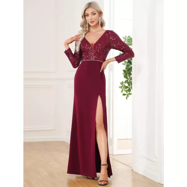 EverPretty Womens Sparkle Deep VNeck Long Sleeves Side Slit Sequin Floor Length Formal Dresses 01507Burgundy