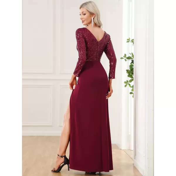 EverPretty Womens Sparkle Deep VNeck Long Sleeves Side Slit Sequin Floor Length Formal Dresses 01507Burgundy