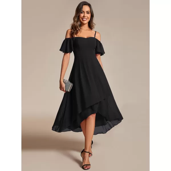 EverPretty Womens Spring Off Shoulder Ruffle Sleeves Ruched High Low Chiffon Wedding Guest Dress 02103Black