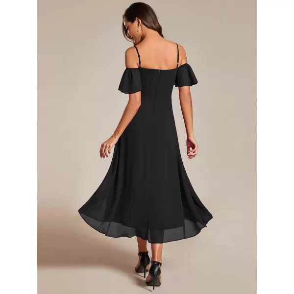 EverPretty Womens Spring Off Shoulder Ruffle Sleeves Ruched High Low Chiffon Wedding Guest Dress 02103Black