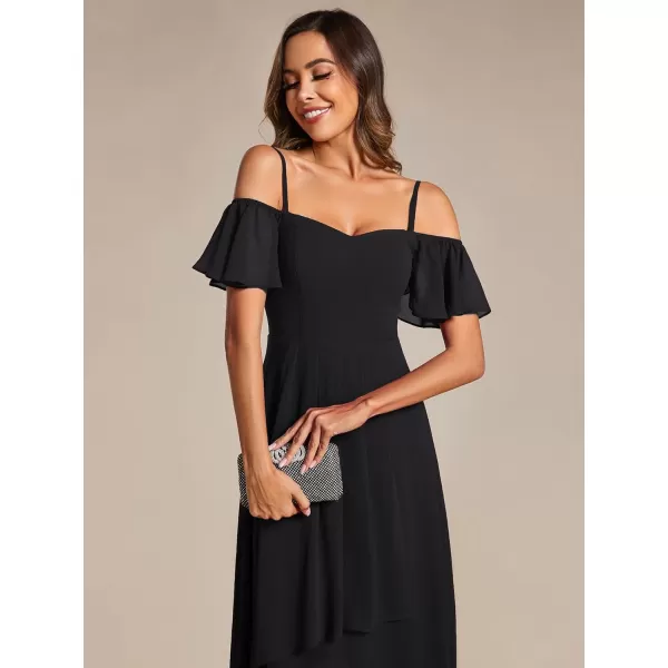 EverPretty Womens Spring Off Shoulder Ruffle Sleeves Ruched High Low Chiffon Wedding Guest Dress 02103Black