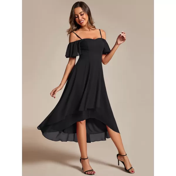 EverPretty Womens Spring Off Shoulder Ruffle Sleeves Ruched High Low Chiffon Wedding Guest Dress 02103Black