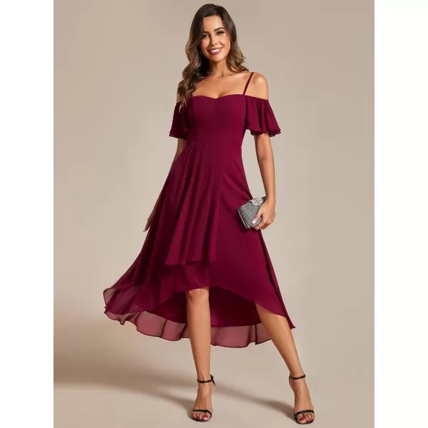 EverPretty Womens Spring Off Shoulder Ruffle Sleeves Ruched High Low Chiffon Wedding Guest Dress 02103Burgundy