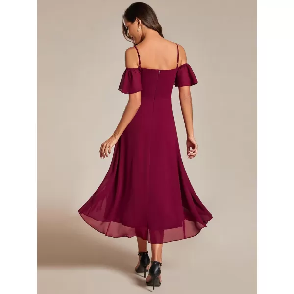 EverPretty Womens Spring Off Shoulder Ruffle Sleeves Ruched High Low Chiffon Wedding Guest Dress 02103Burgundy