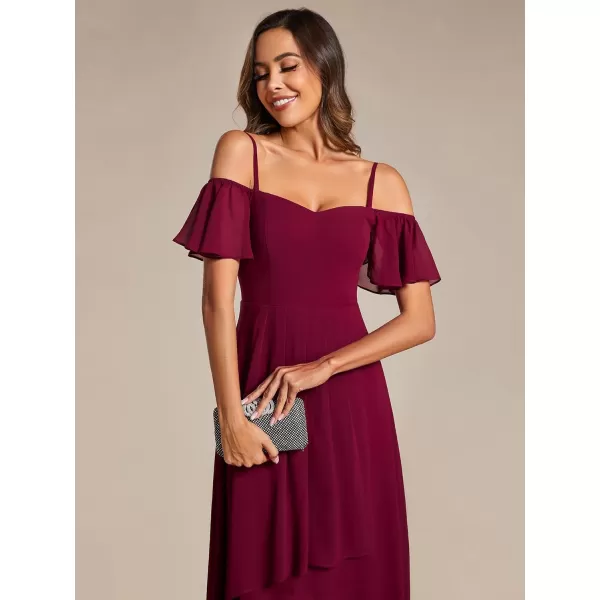 EverPretty Womens Spring Off Shoulder Ruffle Sleeves Ruched High Low Chiffon Wedding Guest Dress 02103Burgundy