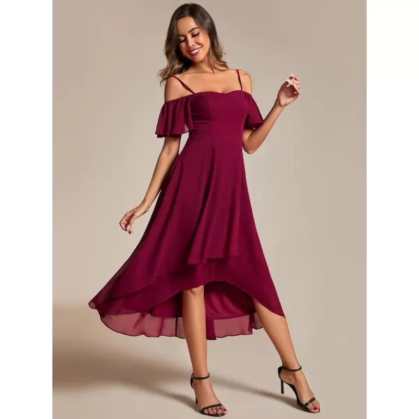 EverPretty Womens Spring Off Shoulder Ruffle Sleeves Ruched High Low Chiffon Wedding Guest Dress 02103Burgundy