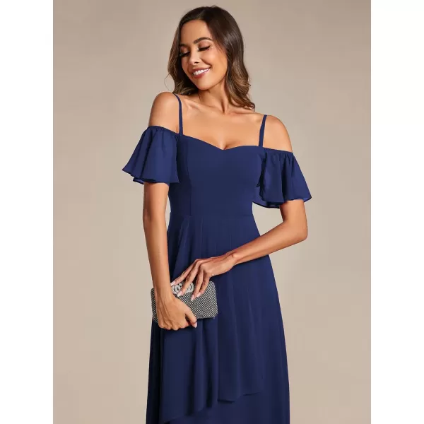 EverPretty Womens Spring Off Shoulder Ruffle Sleeves Ruched High Low Chiffon Wedding Guest Dress 02103Navy Blue