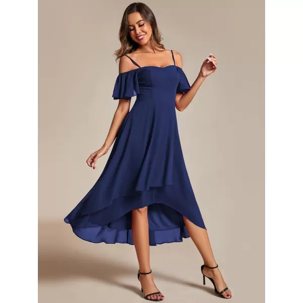 EverPretty Womens Spring Off Shoulder Ruffle Sleeves Ruched High Low Chiffon Wedding Guest Dress 02103Navy Blue