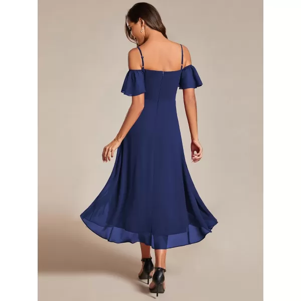 EverPretty Womens Spring Off Shoulder Ruffle Sleeves Ruched High Low Chiffon Wedding Guest Dress 02103Navy Blue