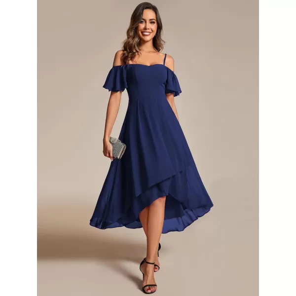 EverPretty Womens Spring Off Shoulder Ruffle Sleeves Ruched High Low Chiffon Wedding Guest Dress 02103Navy Blue