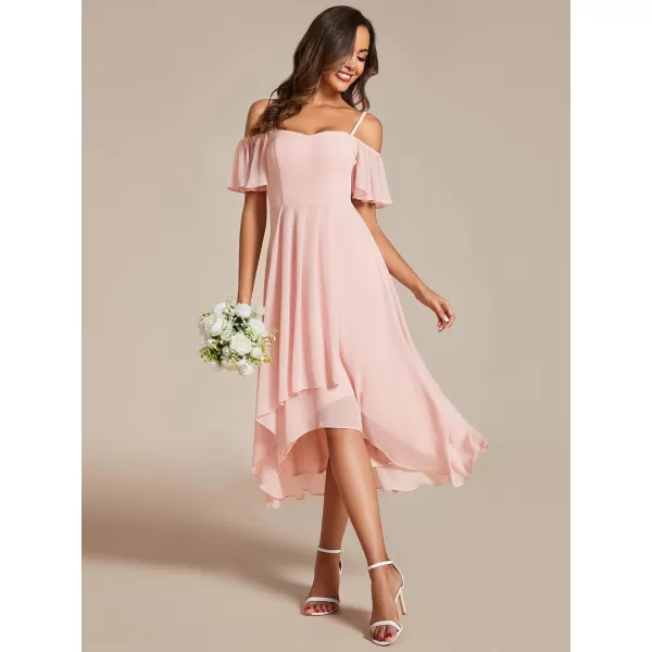 EverPretty Womens Spring Off Shoulder Ruffle Sleeves Ruched High Low Chiffon Wedding Guest Dress 02103Pink