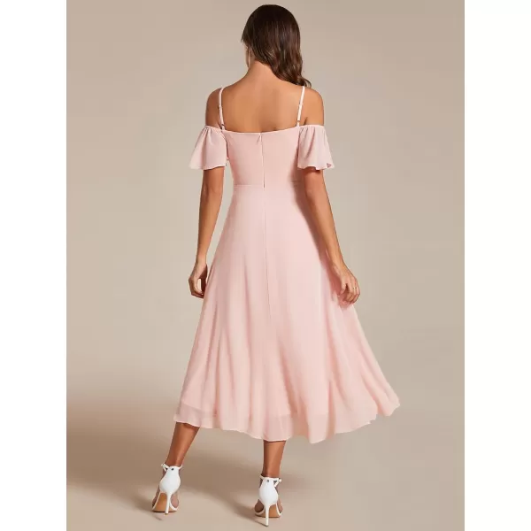 EverPretty Womens Spring Off Shoulder Ruffle Sleeves Ruched High Low Chiffon Wedding Guest Dress 02103Pink