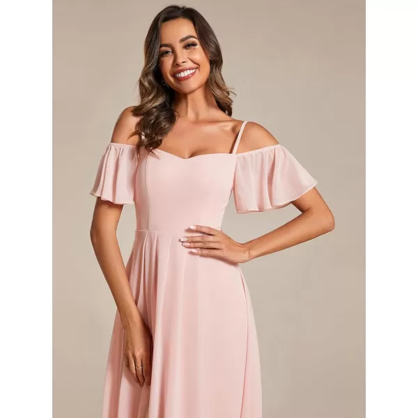 EverPretty Womens Spring Off Shoulder Ruffle Sleeves Ruched High Low Chiffon Wedding Guest Dress 02103Pink