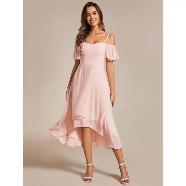 EverPretty Womens Spring Off Shoulder Ruffle Sleeves Ruched High Low Chiffon Wedding Guest Dress 02103Pink
