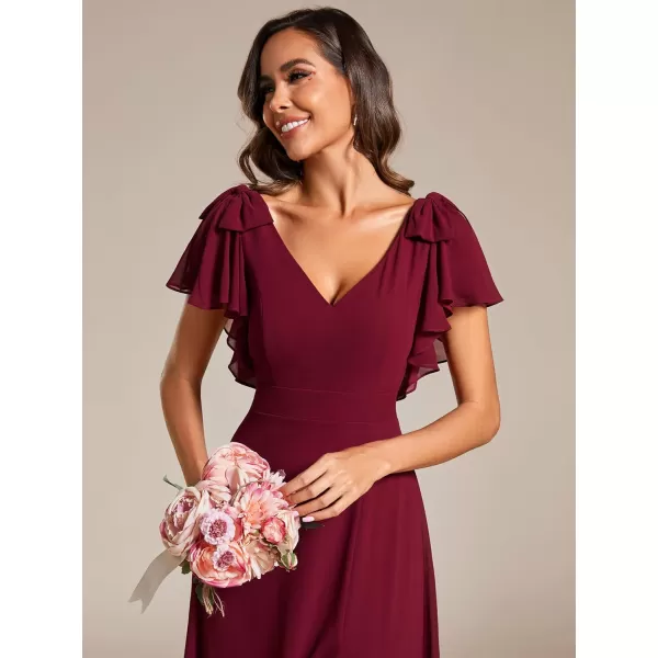 EverPretty Womens Spring V Neck Backless Ruffle Sleeves Split A Line Maxi FloorLength Formal Dresses 02080Burgundy