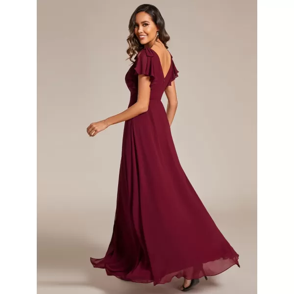 EverPretty Womens Spring V Neck Backless Ruffle Sleeves Split A Line Maxi FloorLength Formal Dresses 02080Burgundy