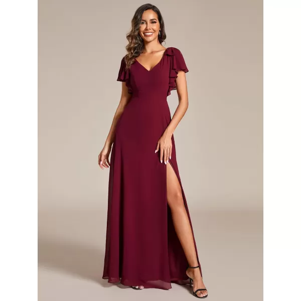 EverPretty Womens Spring V Neck Backless Ruffle Sleeves Split A Line Maxi FloorLength Formal Dresses 02080Burgundy