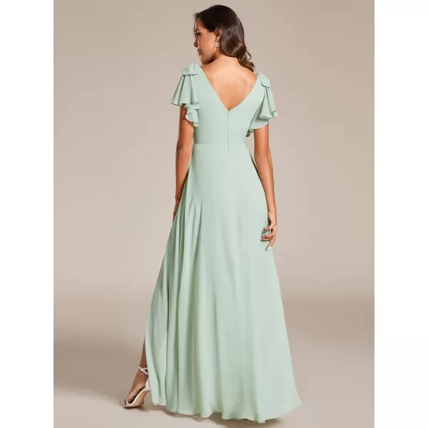 EverPretty Womens Spring V Neck Backless Ruffle Sleeves Split A Line Maxi FloorLength Formal Dresses 02080Mint Green