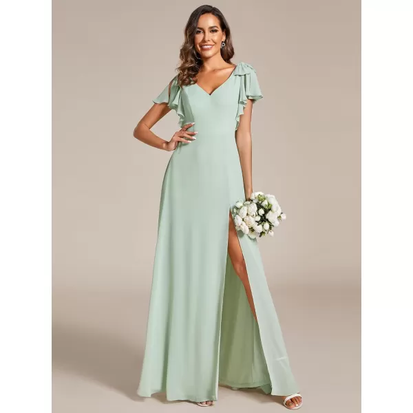 EverPretty Womens Spring V Neck Backless Ruffle Sleeves Split A Line Maxi FloorLength Formal Dresses 02080Mint Green