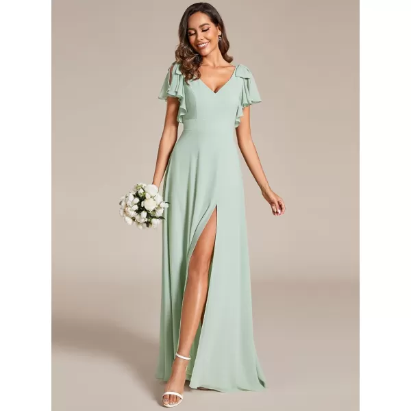 EverPretty Womens Spring V Neck Backless Ruffle Sleeves Split A Line Maxi FloorLength Formal Dresses 02080Mint Green