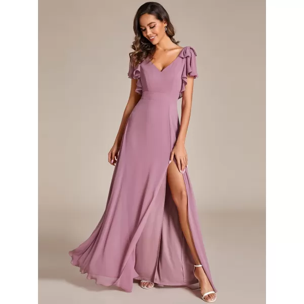 EverPretty Womens Spring V Neck Backless Ruffle Sleeves Split A Line Maxi FloorLength Formal Dresses 02080Orchid