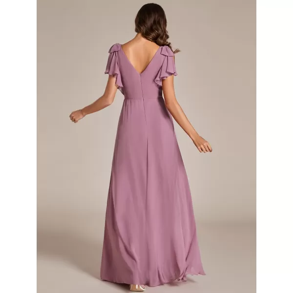 EverPretty Womens Spring V Neck Backless Ruffle Sleeves Split A Line Maxi FloorLength Formal Dresses 02080Orchid