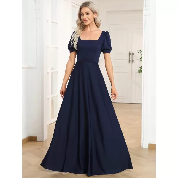 EverPretty Womens Square Neck Puffy Sleeves Open Back A Line FloorLength Formal Dresses 01604Navy Blue