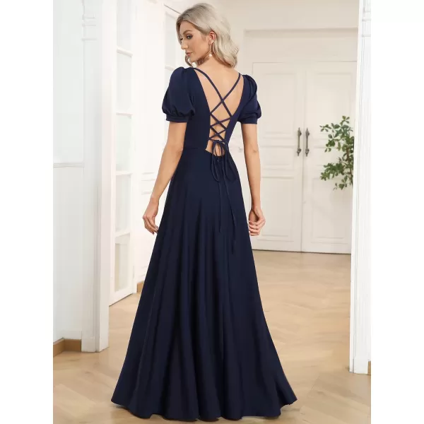 EverPretty Womens Square Neck Puffy Sleeves Open Back A Line FloorLength Formal Dresses 01604Navy Blue
