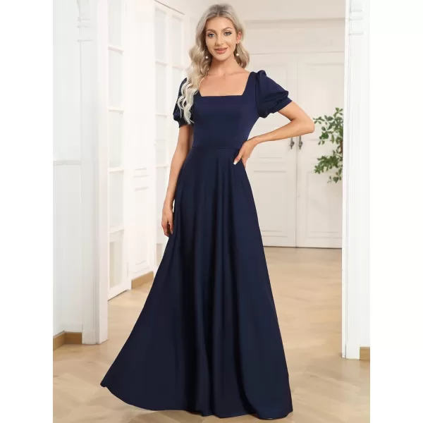 EverPretty Womens Square Neck Puffy Sleeves Open Back A Line FloorLength Formal Dresses 01604Navy Blue