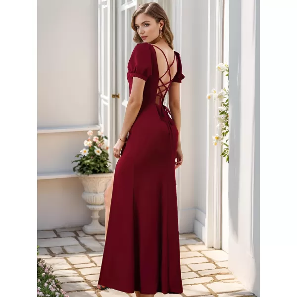 EverPretty Womens Square Neck Short Sleeves Slit Bodycon Formal Dresses 00057Burgundy