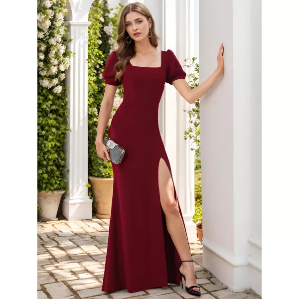 EverPretty Womens Square Neck Short Sleeves Slit Bodycon Formal Dresses 00057Burgundy