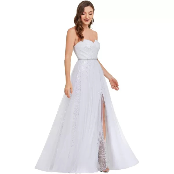 EverPretty Womens Strapless Lace up Back Sequin ALine Side Slit Floor Length Wedding Dress 01381White