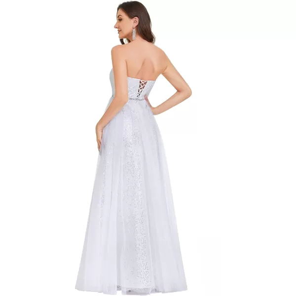 EverPretty Womens Strapless Lace up Back Sequin ALine Side Slit Floor Length Wedding Dress 01381White