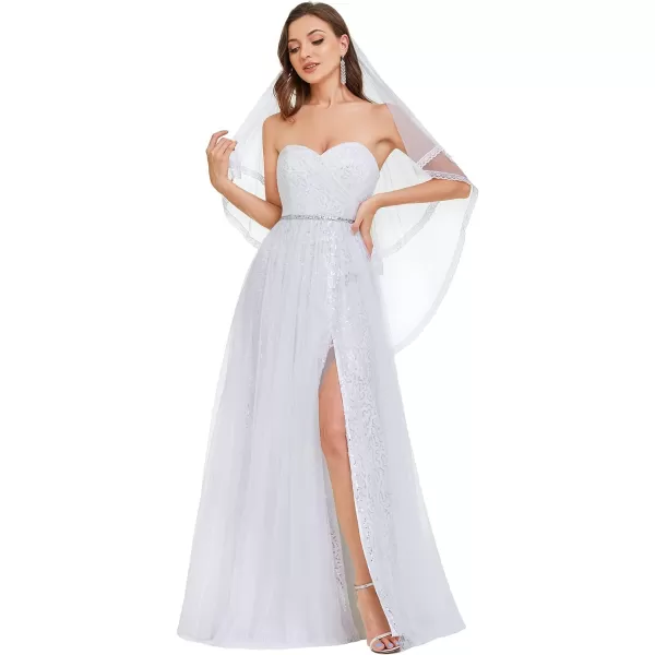 EverPretty Womens Strapless Lace up Back Sequin ALine Side Slit Floor Length Wedding Dress 01381White