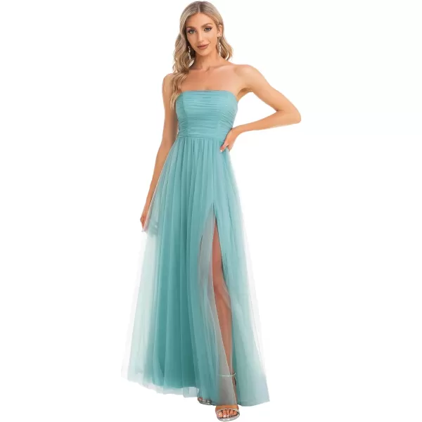 EverPretty Womens Strapless Ruched Aline Tulle High Slit Maxi Evening Party Dress 0134ADusty Blue