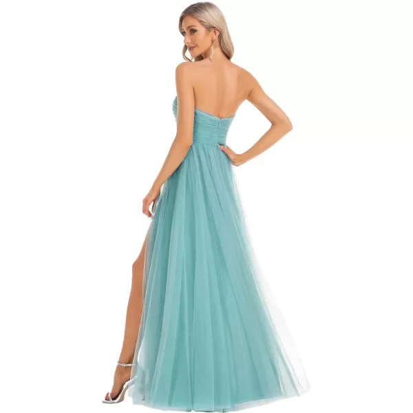 EverPretty Womens Strapless Ruched Aline Tulle High Slit Maxi Evening Party Dress 0134ADusty Blue