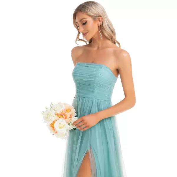 EverPretty Womens Strapless Ruched Aline Tulle High Slit Maxi Evening Party Dress 0134ADusty Blue