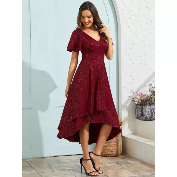 EverPretty Womens Summer Dress V Neck Backless Short Sleeves High Low Glitter Midi Semi Formal Dresses 71926Burgundy