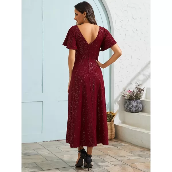 EverPretty Womens Summer Dress V Neck Backless Short Sleeves High Low Glitter Midi Semi Formal Dresses 71926Burgundy