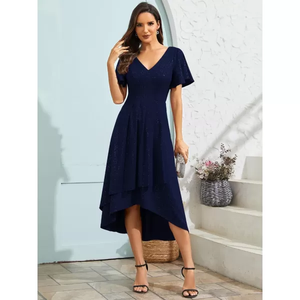 EverPretty Womens Summer Dress V Neck Backless Short Sleeves High Low Glitter Midi Semi Formal Dresses 71926Navy Blue