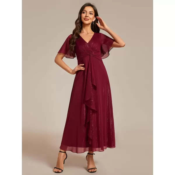 EverPretty Womens Summer Glitter Knot Waist V Neck Ruffles Sleeves Pleated Wedding Guest Dress 02131Burgundy