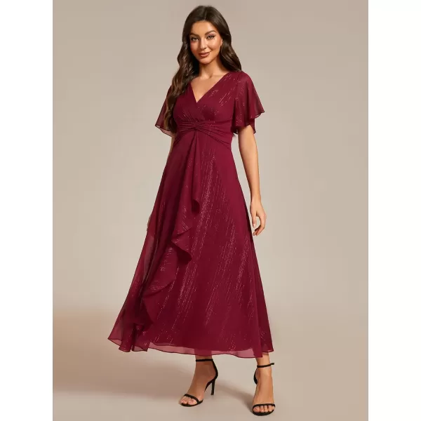 EverPretty Womens Summer Glitter Knot Waist V Neck Ruffles Sleeves Pleated Wedding Guest Dress 02131Burgundy