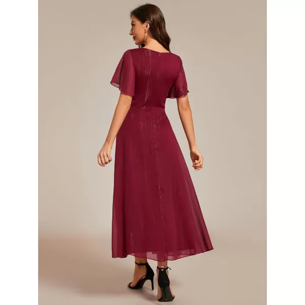 EverPretty Womens Summer Glitter Knot Waist V Neck Ruffles Sleeves Pleated Wedding Guest Dress 02131Burgundy