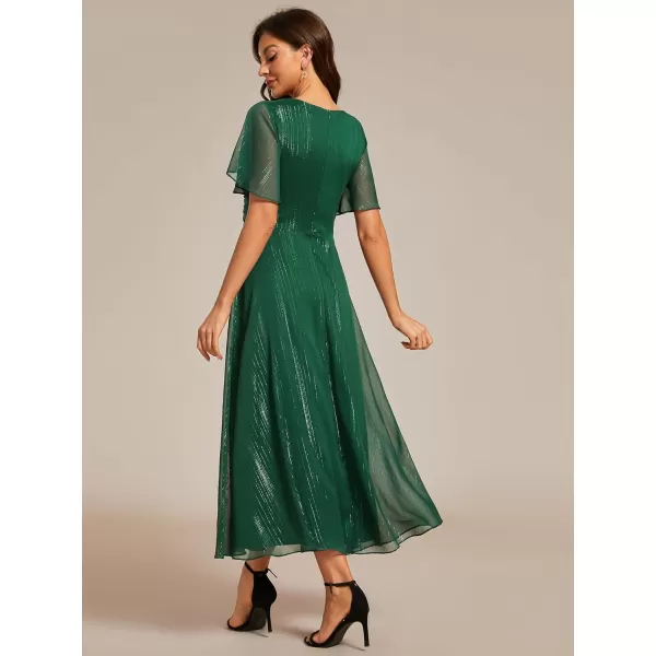 EverPretty Womens Summer Glitter Knot Waist V Neck Ruffles Sleeves Pleated Wedding Guest Dress 02131Dark Green